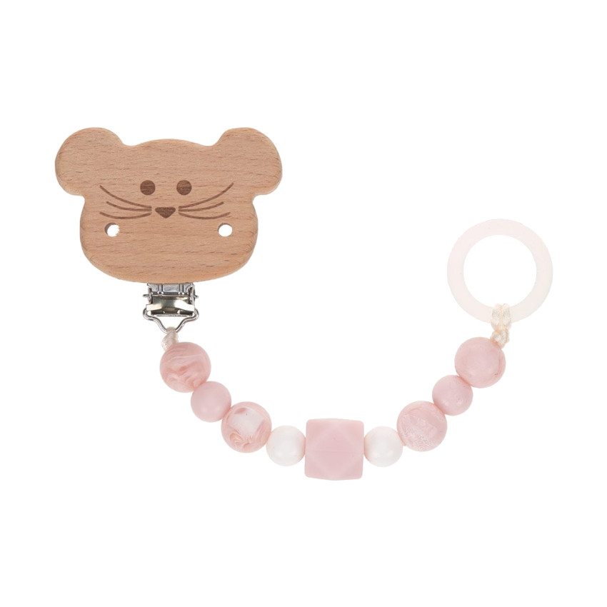 Attache sucette bois/silicone souris rose