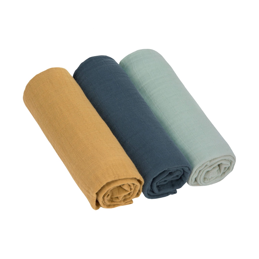 Lange mousseline vert/bleu - marine/moutarde 3pc